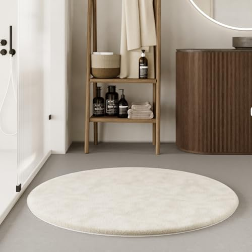 WECONhome Basics Emil Badteppich, 90 cm rund, Creme beige | eleganter Badteppich, Rutschfest, waschbar und super weich, Ideal für ein modernes Bad