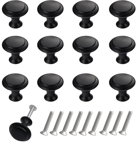 12PCS Cabinet Knobs, Premium Door Drawer Dresser Pull Knobs, Round Cupboard Handles Drawer Handles with Screws, for Kitchen Bedroom Furniture (Black)