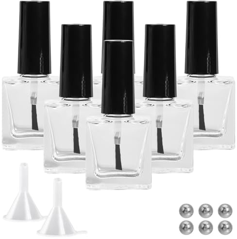 GORGECRAFT 6 Botella Vacía de Esmalte de Uñas con Tapa de Pincel Negra, 10 ml, de Vidrio Cuadrado Transparente, Rellenable, con 6 Bolas Agitadoras Mezcladoras, 2 embudos para Decoración de Uñas