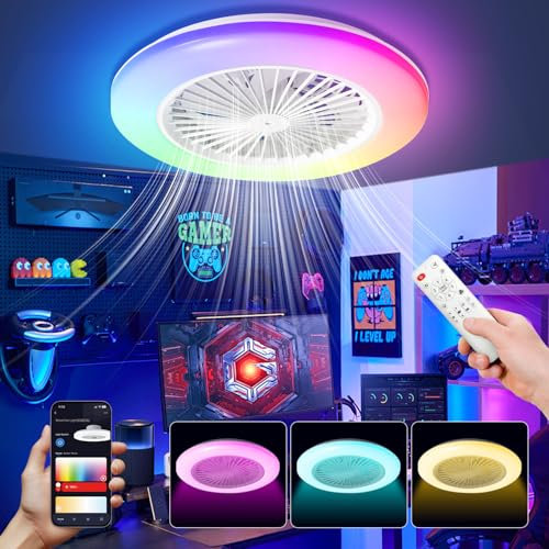 Yakimz Ventilateur de plafond avec éclairage, Smart RGB LED lampe avec ventilateur 3 températures de couleur, plafonnier avec lumière 6 vitesses, minuterie, mode été-hiver, plafonnier pour salon