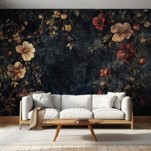 Tapete 3D Fototapete Retro Blumen 300 x 210 cm Vliestapete Wandbild Fototapeten, Vlies Tapeten Wandtapete Schlafzimmer, Wohnzimmer, TV Hintergrund Wand Moderne Wanddeko, Schwarz