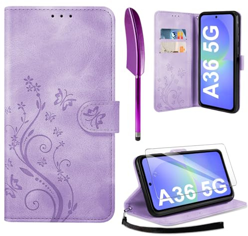 AROYI Funda de piel para Samsung Galaxy A36 5G funda y protector de pantalla | Funda con tapa para teléfono móvil, color blanco y morado