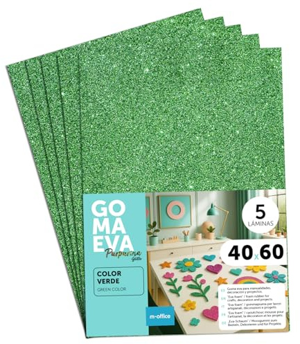 m-office Moosgummi Platten mit Glitzer 40x60cm, Bunte EVA Foam Bastelplatten für Kinder, DIY, Schule, Deko & Kunstprojekte – Ideal als Bastelpapier, Moosgummi mit Glitzer (Grün, 5 uds)