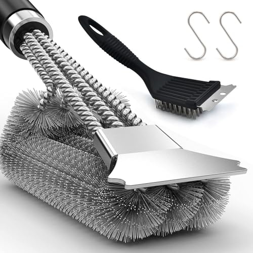BBQ Cleaning Brush 2 Pack – 18 BBQ Brush with Scraper & Removable Handle, Stainless Steel 3-Branch BBQ Wire Brush for Gas/Charcoal/Electric/Smoker Grill Cleaning