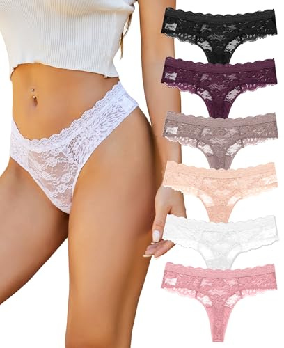 ALL OF SHE Strings Tanga Dentelle Femmes sous-vêtements Sexy Lace Lot de 6 Thongs Femmes Multipack S-XL,M