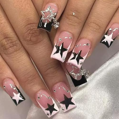 24PCS Medium Press on Nails - Square False Nails French Tip - Star Pattern Stick on nails - Strong Fake Nails with Glue - Broken Drill nail Tips Elegant for Women Long Lasting