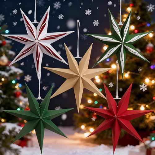 Lot de 5 étoiles de Noël 3D pliables en papier - Doré/rouge/vert/blanc