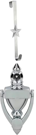 CEENAZ Traditional Door Knocker with Built-in Door Viewer and Matching Over-The-Door Wreath Hanger – Classic Front Door Hardware Set – Durable, Decorative & Easy to Install (Silver Chrome)