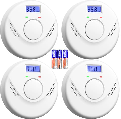 Smoke and Carbon Monoxide Detector, Battery Operated Fire Alarm with LCD Display & Test/Reset Button, Portable Photoelectric CO Smoke Detector Combo for Home, Apartment, RV & Travel (4 Pack)