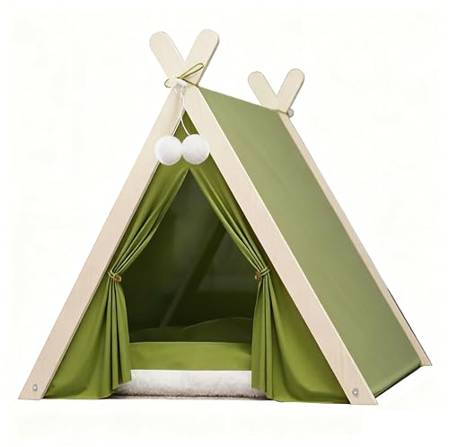 Faltbares Tipi-Zelt, stilvolles Katzen- und Hundezelt, mit weichem Kissen und Massivholzrahmen für den Innenbereich (grün)
