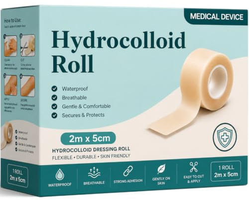 Hydrocolloid Roll 5cm x 2m – Cut-to-Size Waterproof Dressing – Flexible & Skin-Friendly Protective Tape for Blisters and Skin Protection – Self-Adhesive & Latex-Free