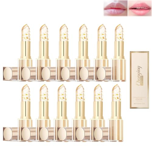 Farbwechselnder Lippenstift, pH-verändernder, wischfester Farbwechsel-Lippenstift mit Goldfolie, 24 Stunden feuchtigkeitsspendender, glänzender Glanz, tiefenwirksame Pflege (12pcs)