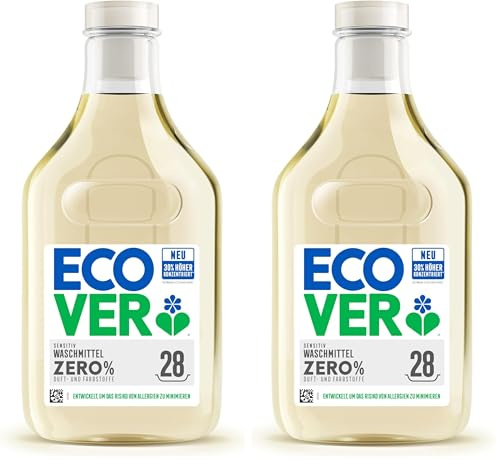 Ecover Zero Waschmittel, flüssig, für Allergiker und empfindliche Haut, sanfte Reinigung ohne Duftstoffe, 30% höher konzentriert, 28 Ladungen, 1L (Packung mit 2)