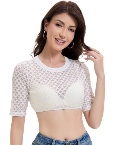 Trachtland Blusa Dirndl Mujer Manga Corta para Traje Tradicional Oktoberfest Elegante con Botones y Encaje Blanco Talla 34-44 (DE/NL/SE/PL, Numérico, 38, Regular, Regular, Blanco)