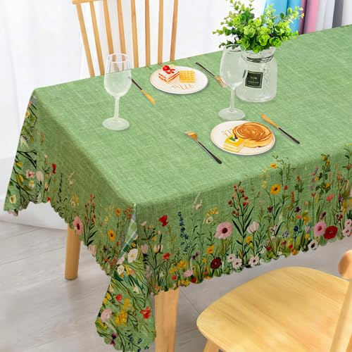 iEvery Green Floral Tablecloth Wipe Clean 100x140cm, Wipeable Rectangular Table Cloth Waterproof Stain-Resistant Polyester Table Cover for 2-3 Seater Dining Kitchen Patio Garden Party Outdoor Decor