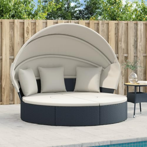 IBUQDDV Outdoor-Loungebett mit Dach und Kissen Schwarz Poly Rattan, Bequeme Sonneninsel mit abnehmbaren Bezügen, robuster Stahlrahmen, pflegeleichtes PE-Rattan für Garten, Terrasse