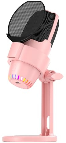 ZASCHMOY Microfono da Gioco USB Microfono RGB per PC con 8 Luci Dinamiche Riduzione del Rumore ENC Plug & Play Mute con un Tasto per Riunioni di Registrazione in Streaming Compatibile (PINK)