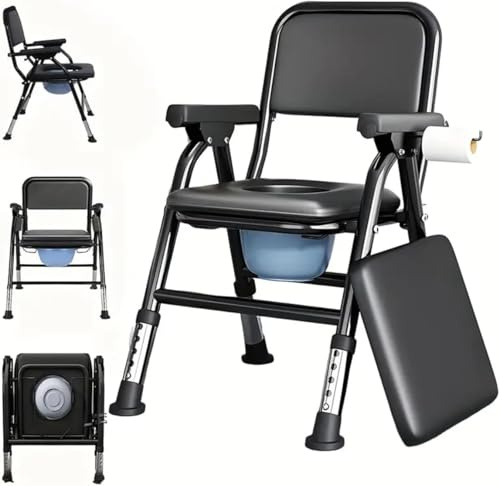 4-in-1 Folding Steel Bedside Commode Chair, Portable Toilet,Toilet Seat with Arms Handles and Back Support, Adults Potty Chair with Paper Roll Holder for Seniors, Disabled, and Pregnant (Black)