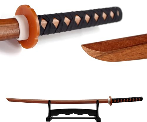 DEPICE Bokken Set mit dekorativem Schwertständer - Roteiche Katana mit Seilwicklung - für Iaido, Kenjutsu, Aikido Training - ca. 101 cm, 600 g