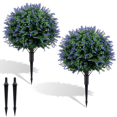 COSTWAY Set of 2 Artificial Topiary Ball Trees, Faux Shrub Bushes with Ground Spikes, Indoor Outdoor Sun-proof Fake Floral Greenery Topiary Plants for Porch, Garden, Yard (70 cm, Lavender Tree)