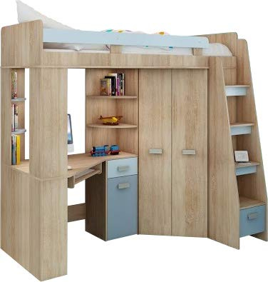 FurnitureByJDM Hochbett mit Schreibtisch, Schrank und Regalen