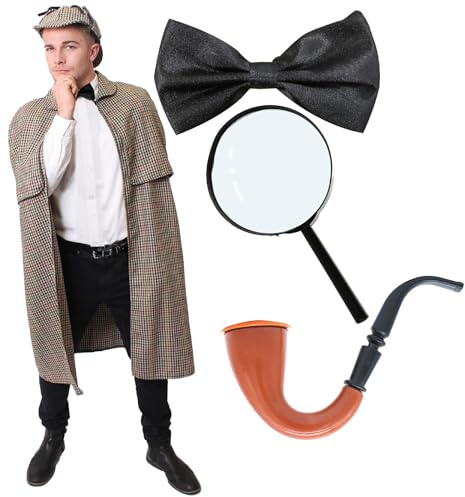 Costume da sherlock holmes, per adulti, cappello da sherlock e cervo, perfetto per la giornata mondiale del libro - incluso: cappa vittoriana + cappello di cervo + tubo + vetro ingranditore