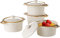 ONEMORE Lot de 4 ramequins avec couvercles, mini cocotte en céramique mouchetée avec poignées et bord marron pour soupe à l'oignon français, cocotte mouchetée pour service individuel, blanc crème de