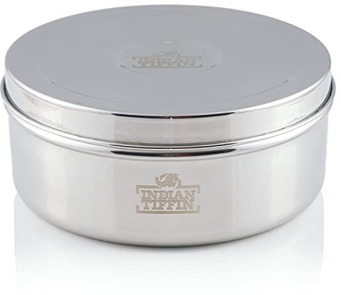 Indian-Tiffin Masala Dabba Récipient à épices hermétique - avec étiquettes et cuillère à épices (Grand (20cm), Couvercle en acier, Couvercle intérieur, Pas de couvercle sur les pots intérieurs)