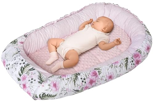 Medi Partners Babynest, gosig nest, babynest, 100% bomull, resesäng för spädbarn, 100 x 60 x 15 cm, avtagbar (Blommor med rosa Minky)