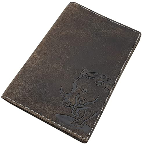 Büffel-Vollleder Ausweismappe mit Hirsch-, Wildschwein-, Totenkopf-Motiv oder ohne Motiv für Fahrzeugschein, Schwerbehindertenausweis, Waffenschein, Jagdschein etc. (Wildschwein-Motiv/Vintage)
