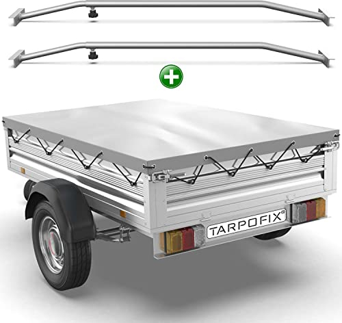 Tarpofix® Anhängerplane 2075x1140 mm + 2X Planenbügel | Anhänger Plane Flachplane aus PVC PLANENMATERIAL | Verstärkte Stema Anhänger Plane für 750kg PKW Hänger | Abdeckplane + Flachplanenbügel | Grau