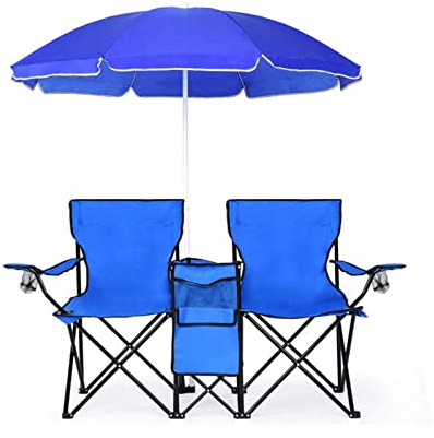 Yadlan Campingstuhl Zweisitzer, Strandstuhl Klappbar Leicht, Zwei Personen Campingsessel Faltbar, Wetterfest Klappstuhl Camping mit Sonnenschirm Und KüHlfach, Tragbar Angelstuhl Karpfenstuhl