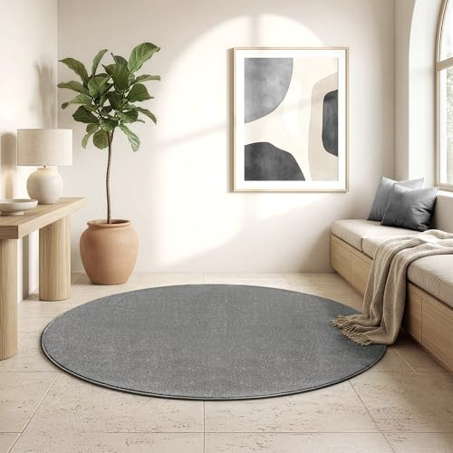 SANAT Kurzflor Teppich Wohnzimmer - Uni Modern Teppiche fürs Schlafzimmer, Arbeitszimmer, Büro, Flur, Kinderzimmer und Küche - Grau, 120 cm Rund