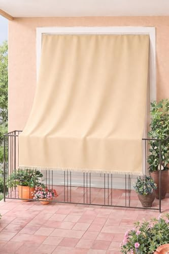 Corredocasa Tenda da Sole per Balcone e Finestre per Esterno a Righe Larghe con Anelli e Frangie in Tessuto Resistente che Protegge dai Raggi Solari, Oscurante per Veranda Casa (Beige, 200x300 CM)