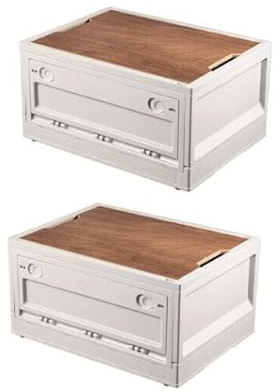 RMAN Lot de 2 Caisse de Rangement avec Couvercle Boite Rangement Plastique Pliable et Empilable Grande Bac de Rangement avec Roulettes pour Camping, Coffre de Voiture, Maison, 38L, Blanc