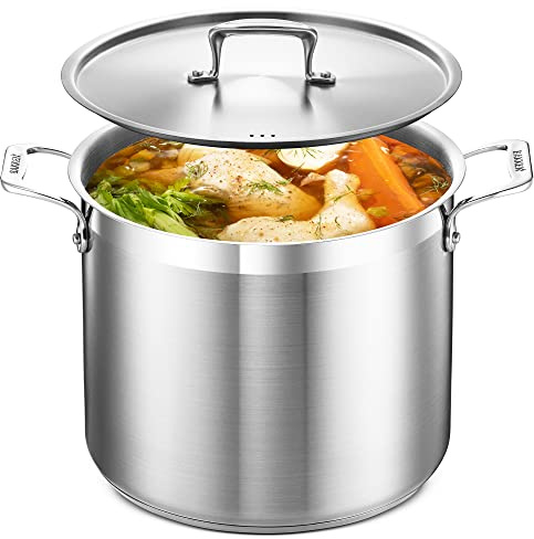 Stockpot – 12 Quart – Brushed Stainless Steel – Heavy Duty Induction Pot with Lid and Riveted Handles – for Soup, Seafood, Stock, Canning and for Catering for Large Groups and Events by BAKKEN