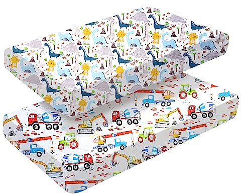 Lot de 2 draps-housses pour berceau 140 x 70 cm pour fille et garçon | Draps de lit pour bébé | Facile d'entretien en coton doux et durable, motif voiture unique et dinosaure