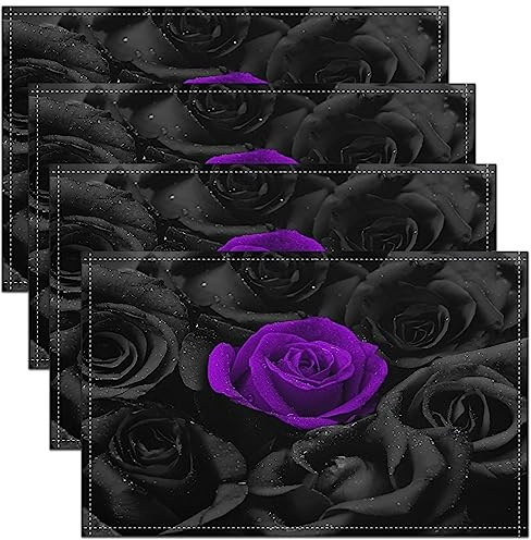 Rose Placemats Set of 4 Black Purple Rose Floral Flower Placemat Kitchen Dining Table Decor Indoor Outdoor 45X30cm Garden Flower Table Place Mats Decor Romantic Valentine's Day