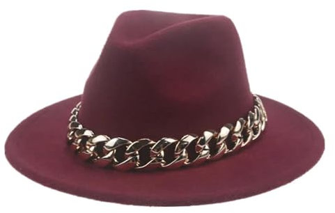 SOYNIA Fedora Trilby Filzhut Hut Damenhut Breite Krempe Dicke Goldkette Fascinator-Hüte Für Herren Und Damen Panama-Cowboyhut 60–62 cm (XL) Weinrot