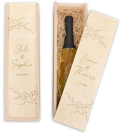 Feenstaub Weinbox graviert, Weinkiste mit Deckel, Weinverpackung 1 Flasche, personalisierte Weinholzkiste für Hochzeit, Hochzeitsgeschenk graviert mit Namen, Geschenk Brautpaar, Ranken