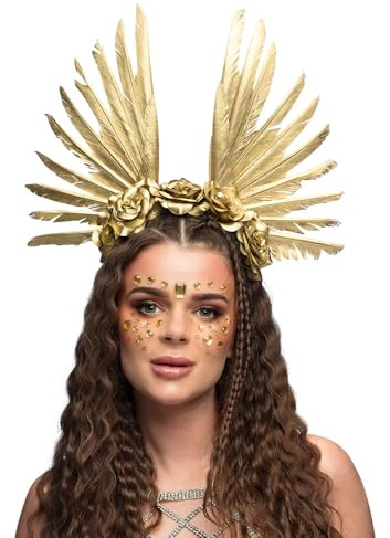 MIMIKRY Tiara Sonnengöttin Haarreif mit Federn und Blumen Gold Kopfschmuck Krone Diadem Heiligenschein