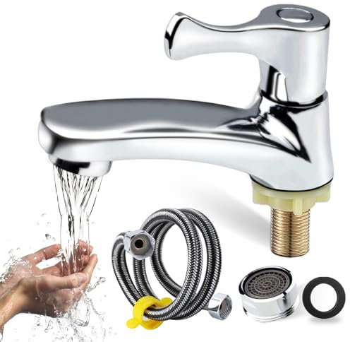 Plstod Rubinetto Acqua Fredda, Rubinetto Bagno Lavabo, Miscelatore Lavabo Bagno per Fredda, Monocomando Rubinetto Lavandino Bagno, Monoforo Rubinetti Bagno con Tubo Collegamento da 60 cm, Argento