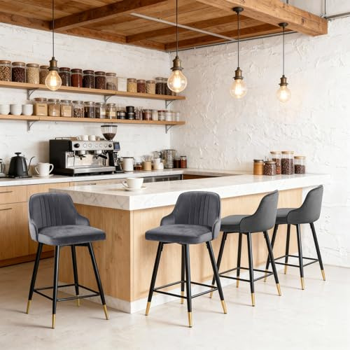 Bekrvio Samt Barhocker 4er Set, Drehbarer 360°Drehsessel, Höhen 65cm Gepolstert Barstuhl mit Lehne, Modernen Küchenstühle Modern für Küche, Tresen, Bar, Esszimmer