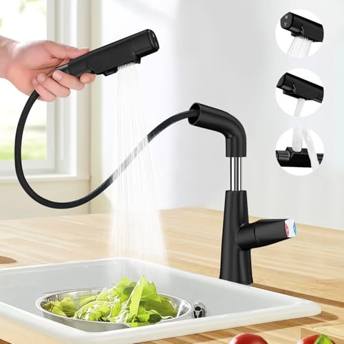Grifo de Cocina Negro Extraíble con Ducha de 70cm y Altura Ajustable de 6cm, Mezcladora Giratoria 360° con 2 Modos de Agua, Alta Presión, Cobre, G1/2