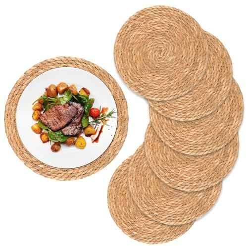 Paquete de 6 manteles individuales redondos de 30 cm, manteles individuales naturales hechos a mano, manteles individuales grandes de jacinto de agua, de mimbre trenzado, para mesa de comedor, cocina