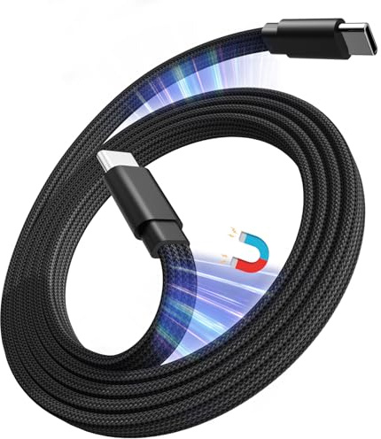 Magtame magnetisches USB-C-Flachkabel, 60W Schnellladekabel,Typ-C kabel 1 m | Nylon-Flachkabel, magnetisch aufrollbar und verhedderungsfrei, 480Mbps Datentransfer, für USB-C Smartphone,Laptop,Tablet
