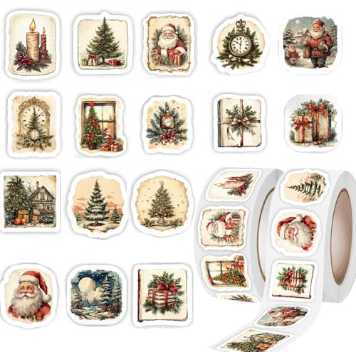 Lxtness Weihnachtssticker 500 Stück Geschenkanhänger Weihnachten | Etiketten Selbstklebend Deko Marmelade Sticker - Rolle Vintage Aufkleber Weihnachten für Geschenktüten Weihnachtsdeko