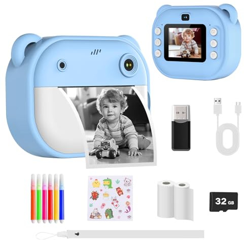 Bizcasa Camara Fotos Infantil Instantanea, Cámara instantánea con Tarjeta de 32G Bolígrafos de Colores y Papel de Impresión, Modo Selfie y Video, Regalo para Niños de 3 a 14 años (Azul)