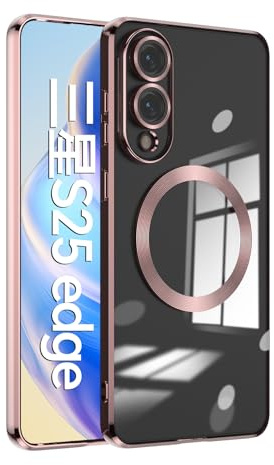 ESONG Magnetisk Skal för Samsung Galaxy S25 Edge Case,kompatibelt med Mag-Safe,Trådlös Laddning,Bulid in kameraskydd,stötsäkert mobiltelefonfodral,ultratunt Bumper Cover,Repfri Klar Tillbaka-Rose guld