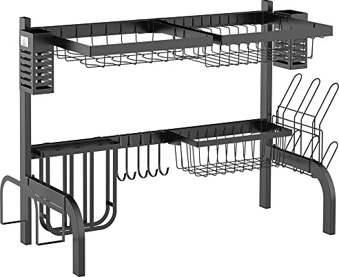 HOMCOM Scolapiatti da Lavello Modulabile a 2 Livelli con Piedini Antiscivolo, Scolapiatti da Appoggio in Acciaio, 81.5x31.5x53.5 cm, Nero